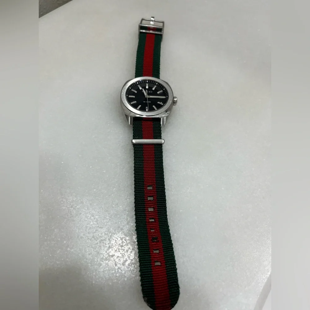 Gucci Black Dial Stainless Watch with Green and Red Nylon Strap